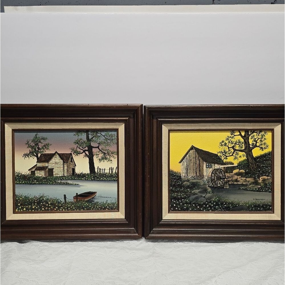H Hargrove Original Oil Painting Set Lakehouse / Water Wheel Mill Vintage 1983